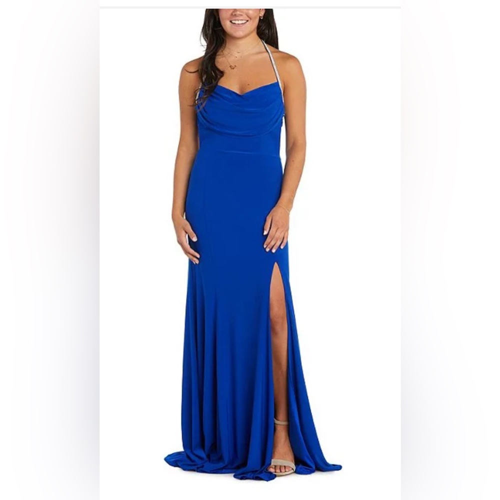 NWT $149 Morgan & Co Halter Draped Neck Rhinestone Strap Side Slit Gown L